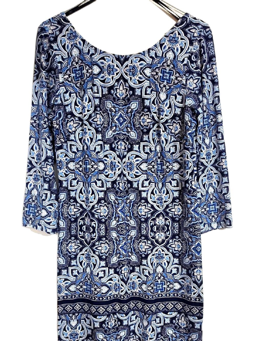 Apt. 9 Navy and Light Blue Printed Long-Sleeve Shift Dress